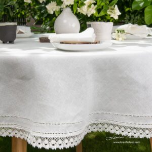 Linen round tablecloth in white color, nora.