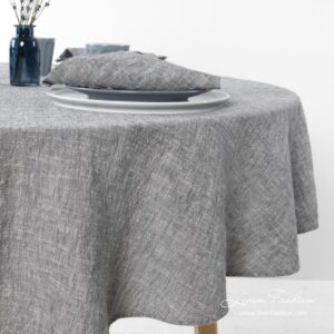 Washed round linen tablecloth in dark grey