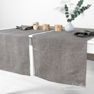 Grey linen cotton runner in herringbone pattern