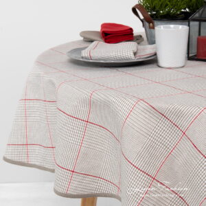 Round grey checked linen blend tablecloth with red squares