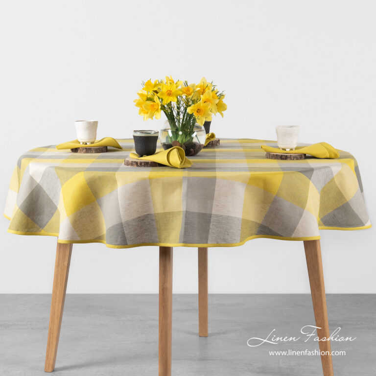 Round linen cotton tablecloth with yellow grey checks - Linen Fashion.