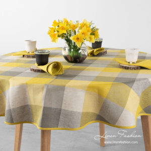 Oval linen blend tablecloth in large yellow grey checks - Linen Fashion.