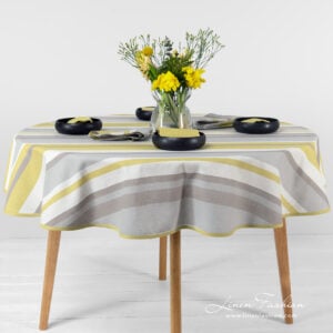 Linen round oval tablecloth striped.