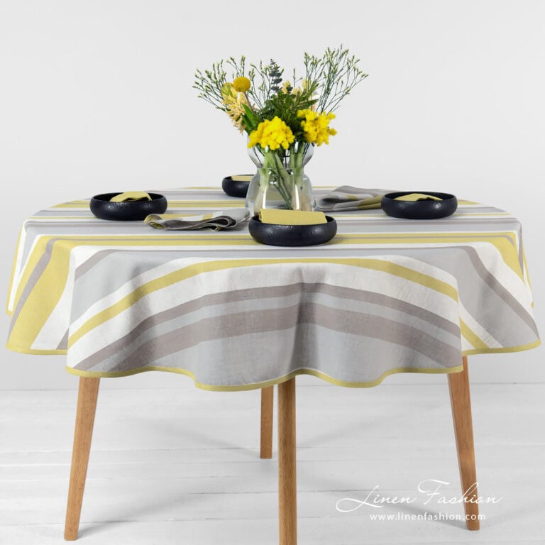 Linen round oval tablecloth striped.