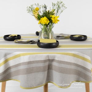 Linen round oval tablecloth striped yellow grey.