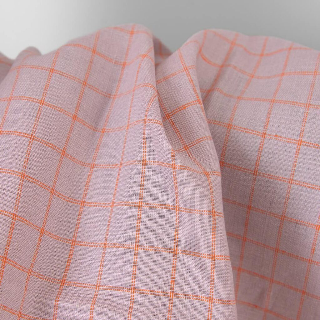 Ľanová látka lila s oranžovými kockami – Obrázok 2