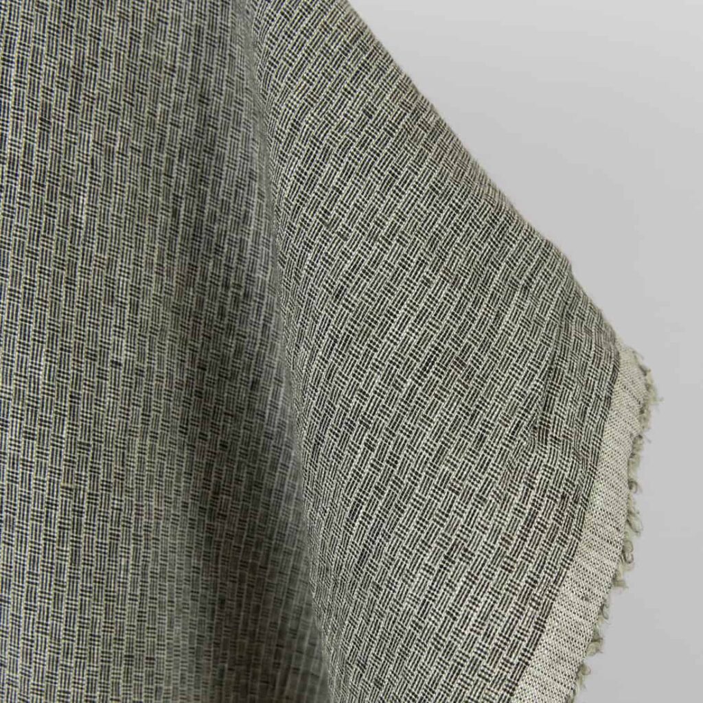 Washed linen fabric green-black small pattern, soft to touch