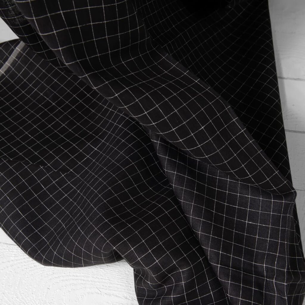 Black linen fabric white checks product photo