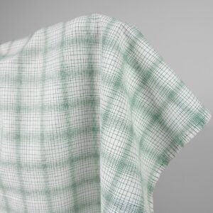 Biela ľanovo-bavlnená tkanina s pruhovaným zeleným károm