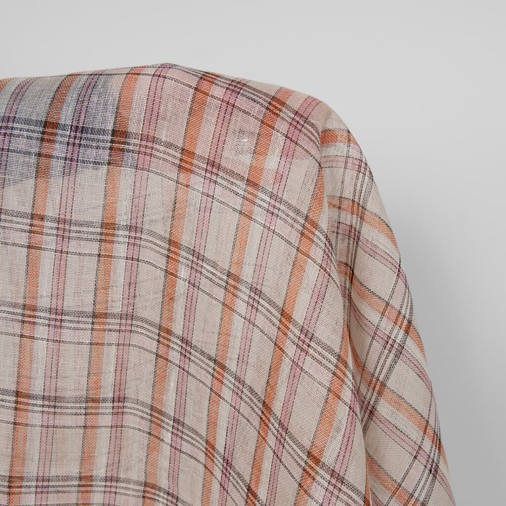 Ľanová látka béžová oranžová ružová kocky viacfarebná gázovina – Obrázok 2