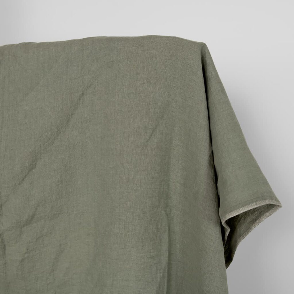 Washed linen fabric greyish green melange, 100% linen