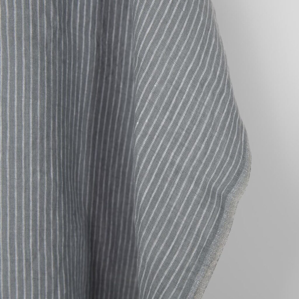 Washed linen fabric grey white stripes, fabric edge