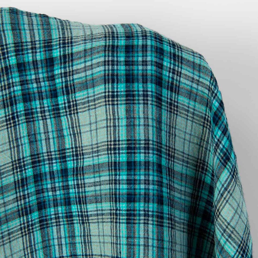 Wide washed linen fabric grey and turquoise checks, for curtains, bedlinen