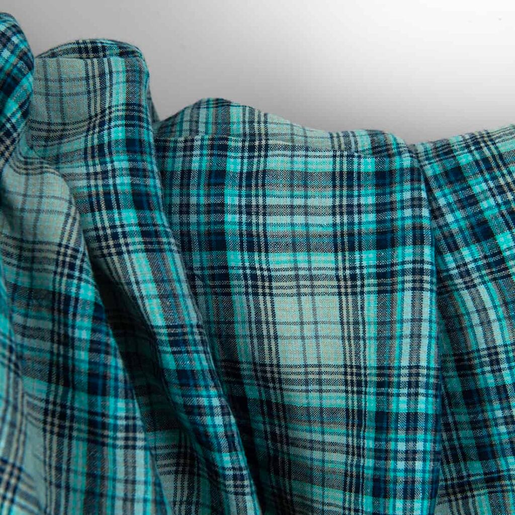 Wide washed linen fabric grey and turquoise checks, 100% linen