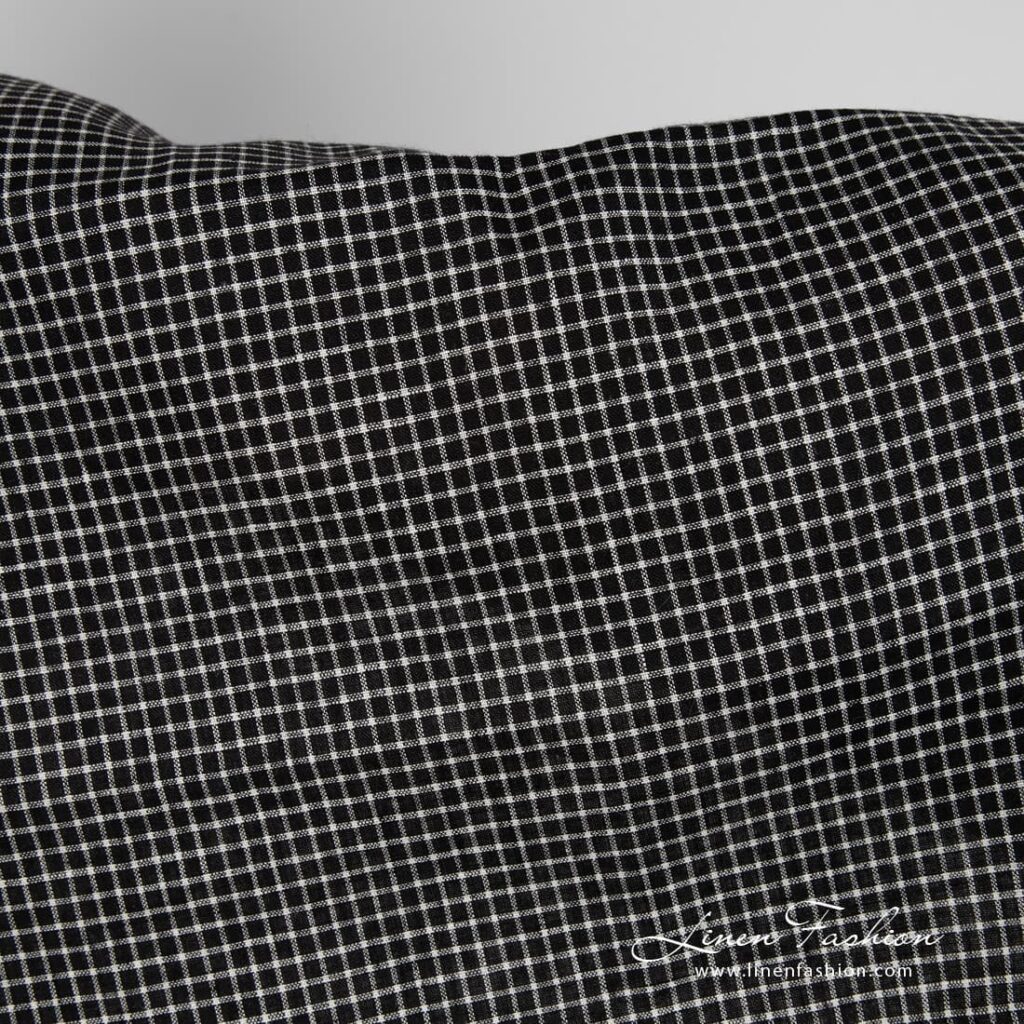 Black linen fabric with white checks product photo