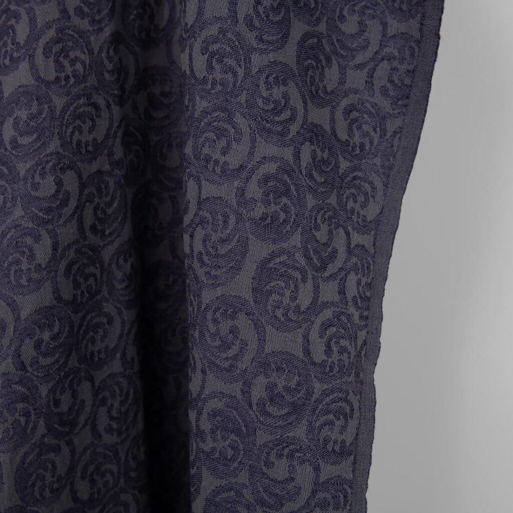 Washed linen cotton fabric grey and cobalt blue jacquard, fabric edge
