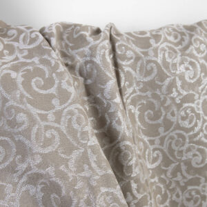 Ľanovo-bavlnená tkanina béžová a biela žakárová strieborný lurex