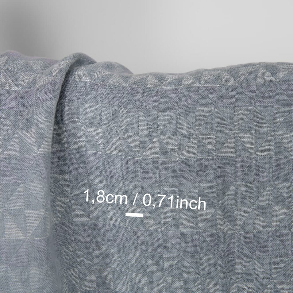 Washed linen fabric grey violet jacquard triangle pattern, with measurements