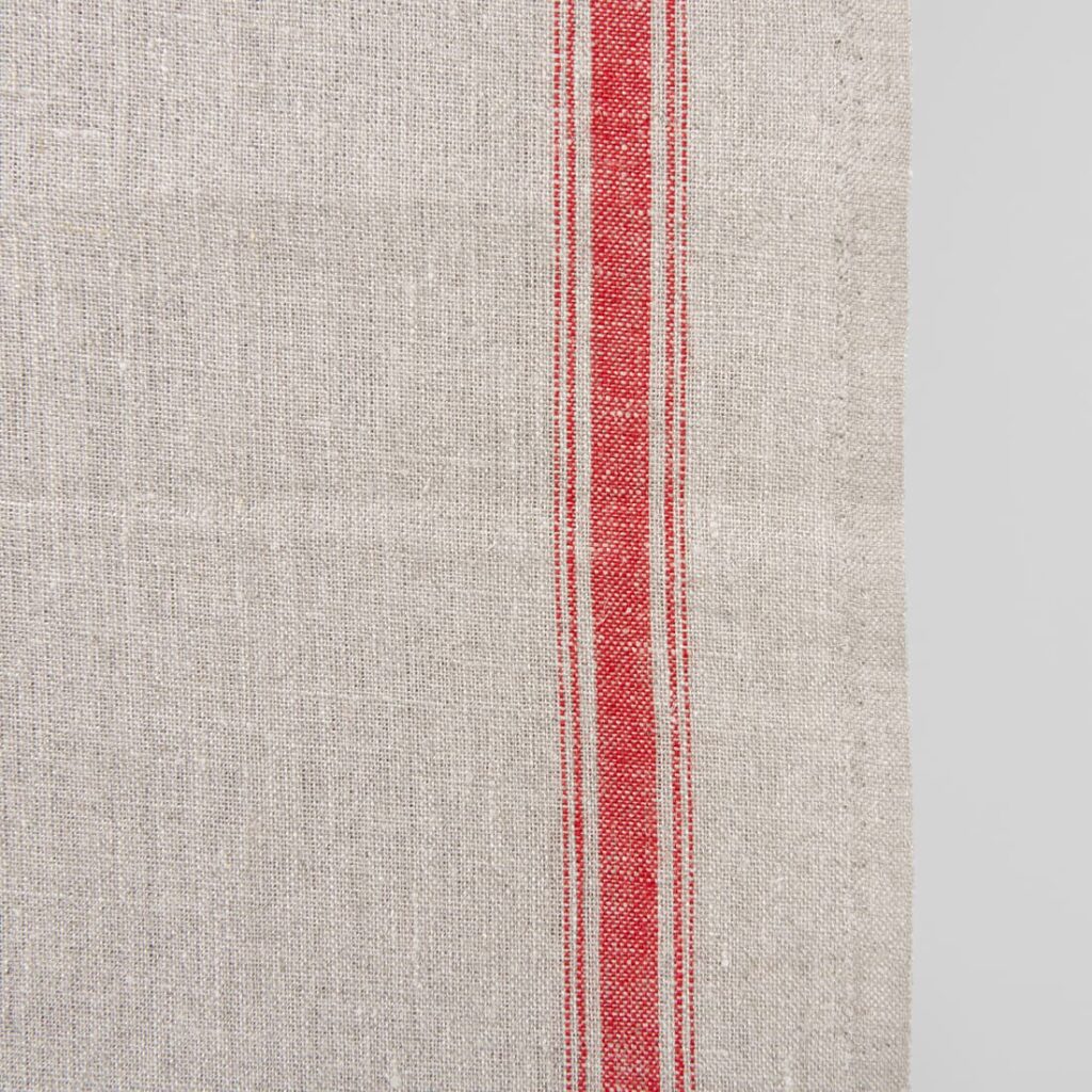 Narrow linen fabric natural grey colour with red stripes product photo detail