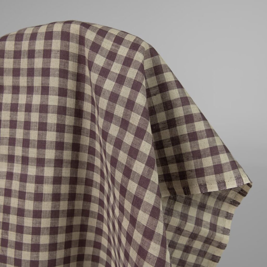 Linen fabric in natural and purple colour checks product photo