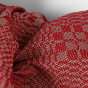 Ľanovo-bavlnená tkanina červené a béžové keprové kocky