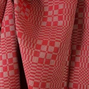 Ľanovo-bavlnená tkanina červené a béžové keprové kocky