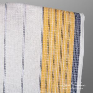 Ľanovo-bavlnená tkanina biela vafľová so žlto-modrými pruhmi