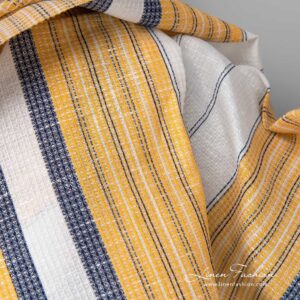 Ľanovo-bavlnená tkanina biela vafľová so žlto-modrými pruhmi