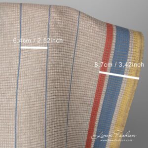 Ľanovo-bavlnená tkanina piesková vafľová so žlto-červenými pruhmi