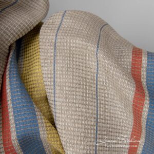 Ľanovo-bavlnená tkanina piesková vafľová so žlto-červenými pruhmi