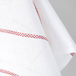 Ľanovo-bavlnená tkanina biela s červenými prerušovanými pruhmi