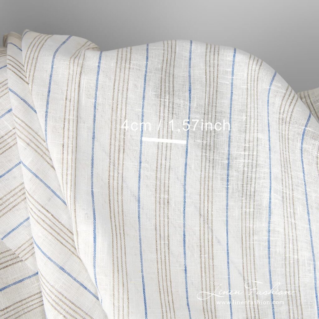 Linen fabric white with blue and grey stripes with measurements