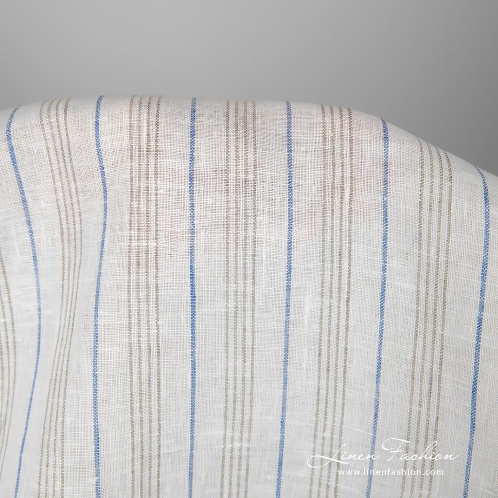 Linen fabric white with blue and grey stripes close up detail