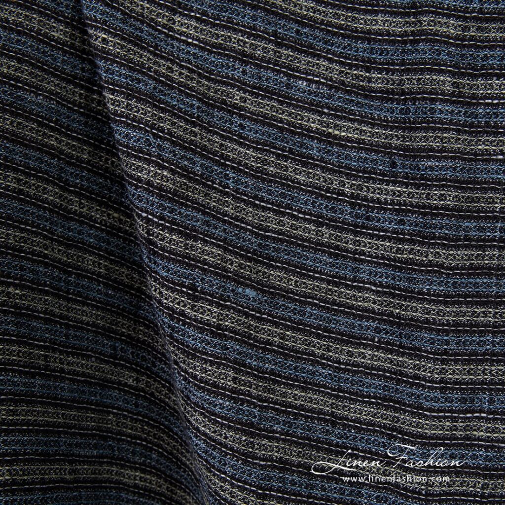 Striped linen fabric in waffle pattern, multicolored stripes