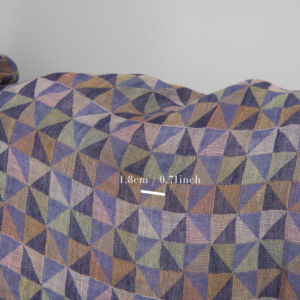 Washed linen fabric in violet multicolour triangles with measurements