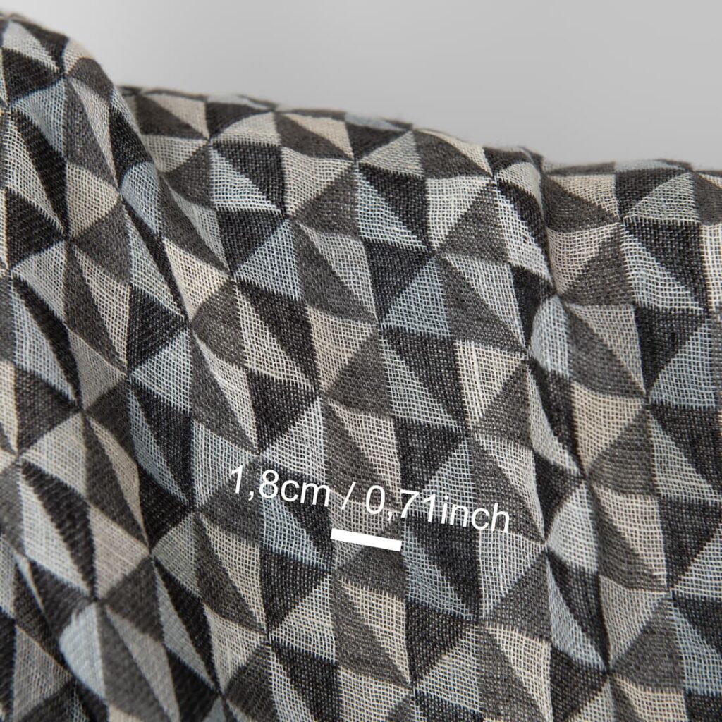 Washed linen fabric black grey jacquard triangle pattern, with measurements
