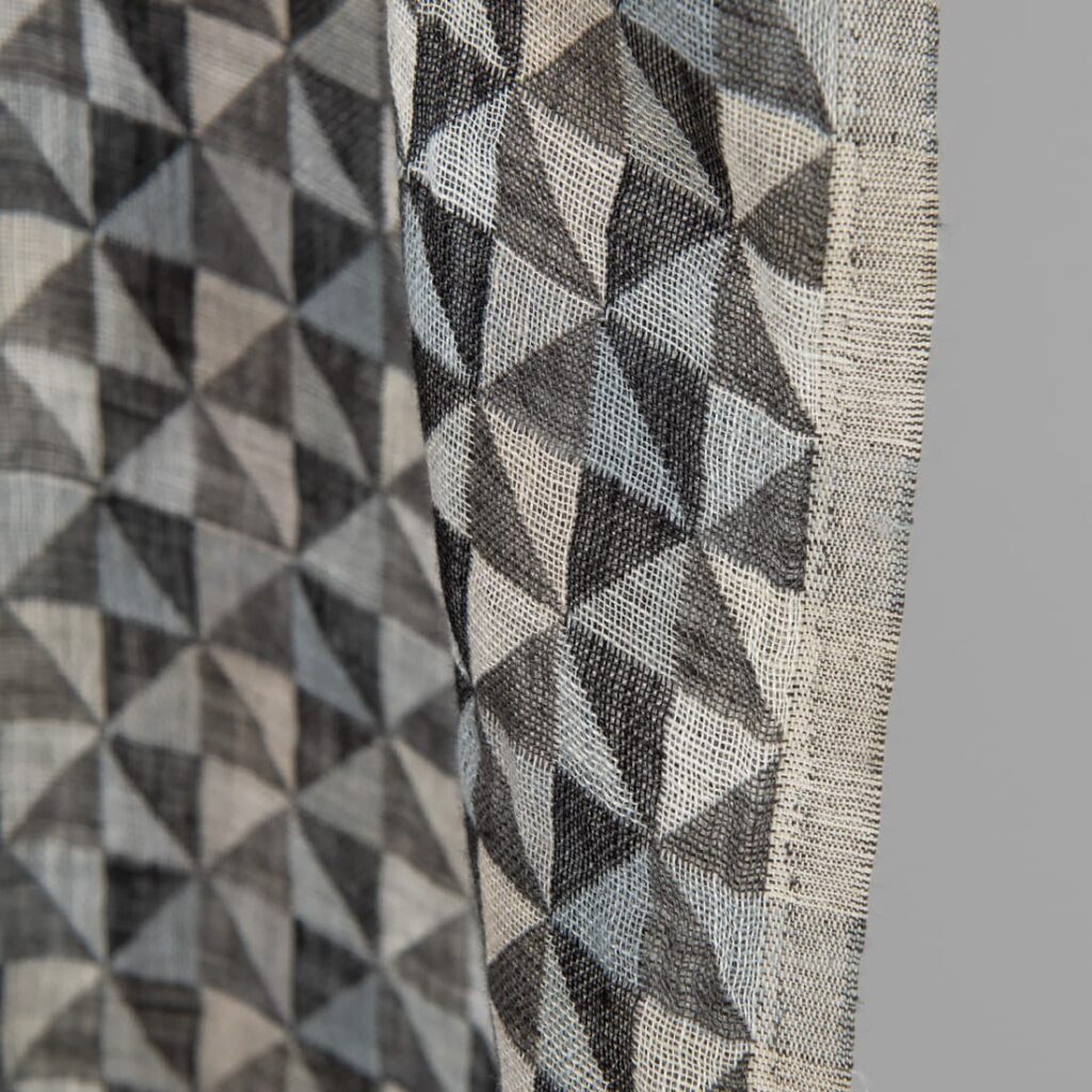 Washed linen fabric black grey jacquard triangle pattern, fabric edge