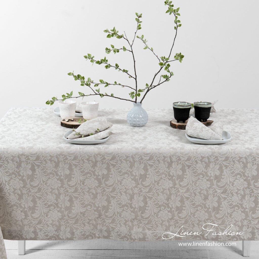 Jacquard linen tablecloth in light grey and white color