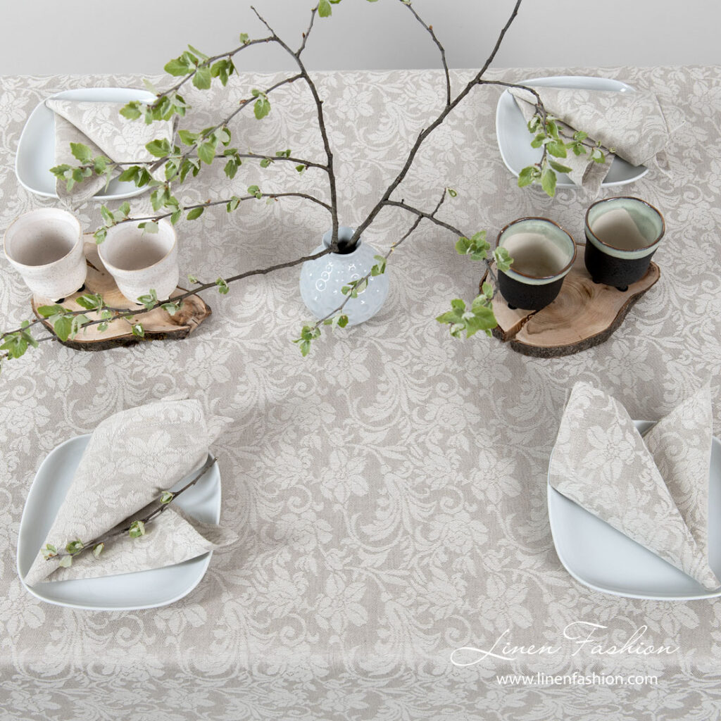 Grey linen tablecloth with flower ornaments