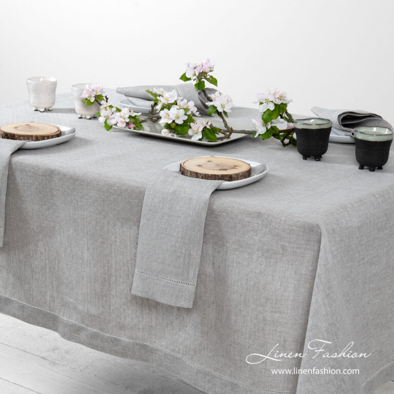 Gray patterned 100% linen tablecloth with hemstitch