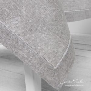 Light grey 100% linen tablecloth with hemstitch