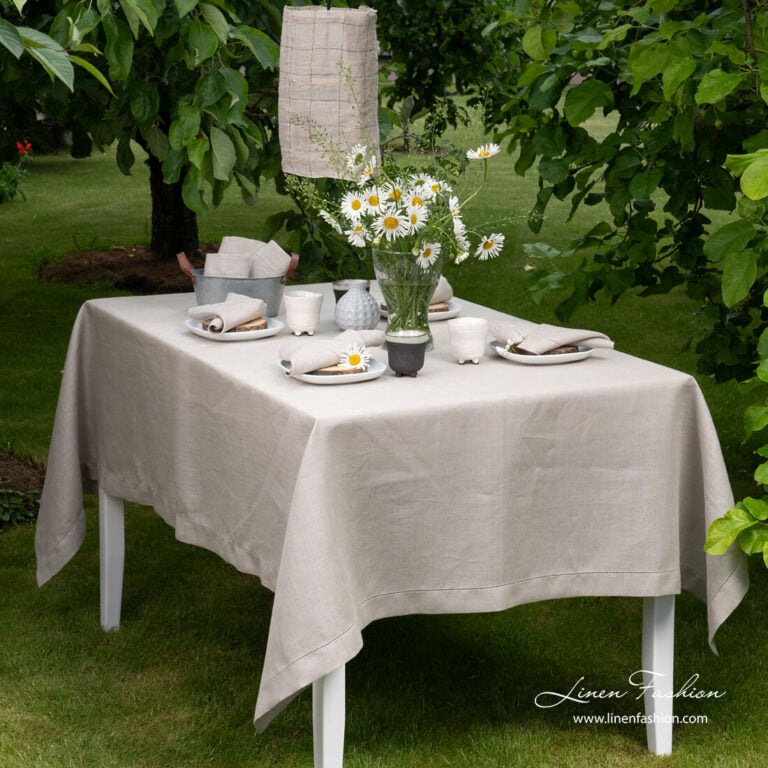 Grey linen tablecloth with hemstitch