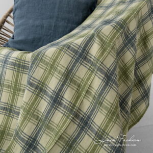 Linen cotton green checked blanket, blue green.
