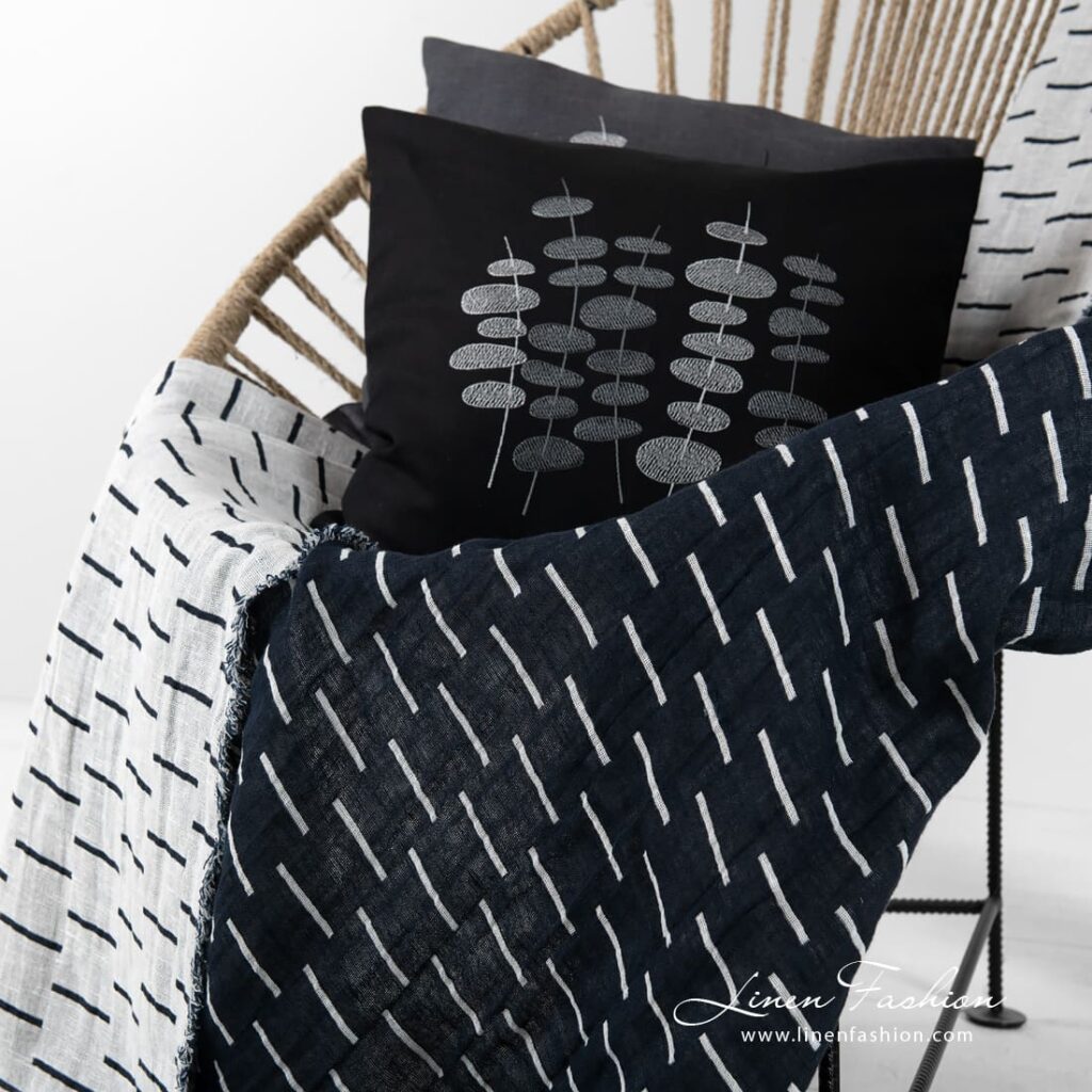 HAZEL black linen cotton blanket with stripes