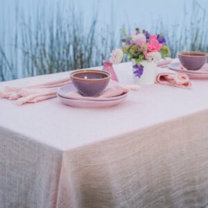 Pink linen tablecloth, herringbone pattern