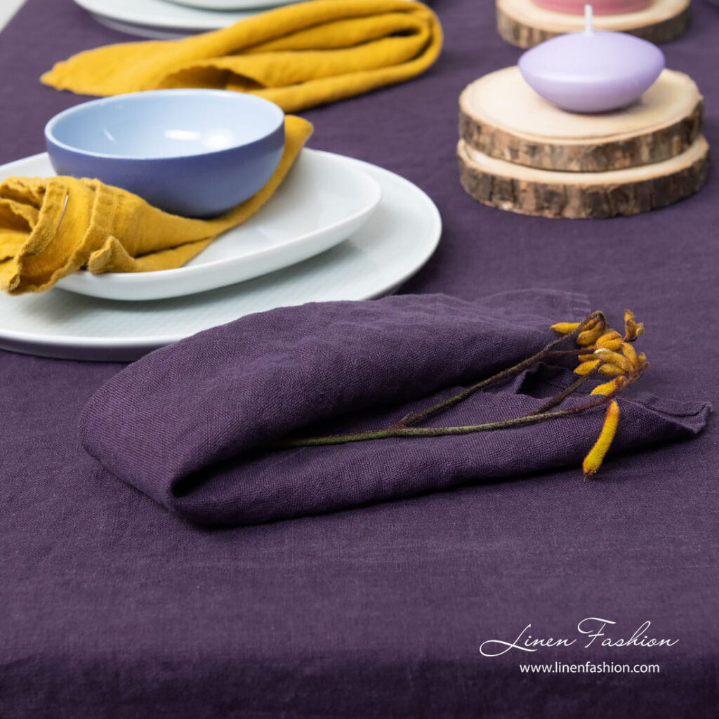 Pure linen napkin in purple color, washed