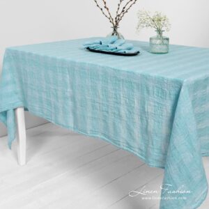 PORTO light blue linen tablecloth in openweave pattern