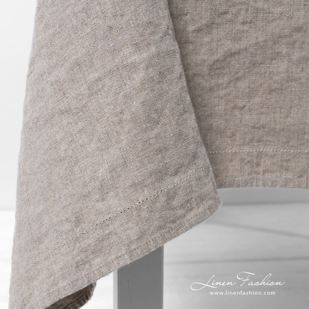 NARA grey linen tablecloth with folded hemstitch borders
