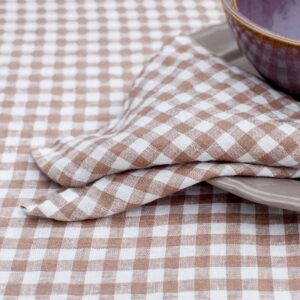 Checked brown linen tablecloth, pure linen