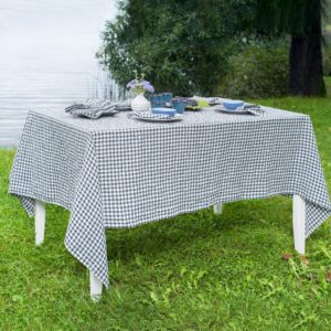 Checked blue linen tablecloth